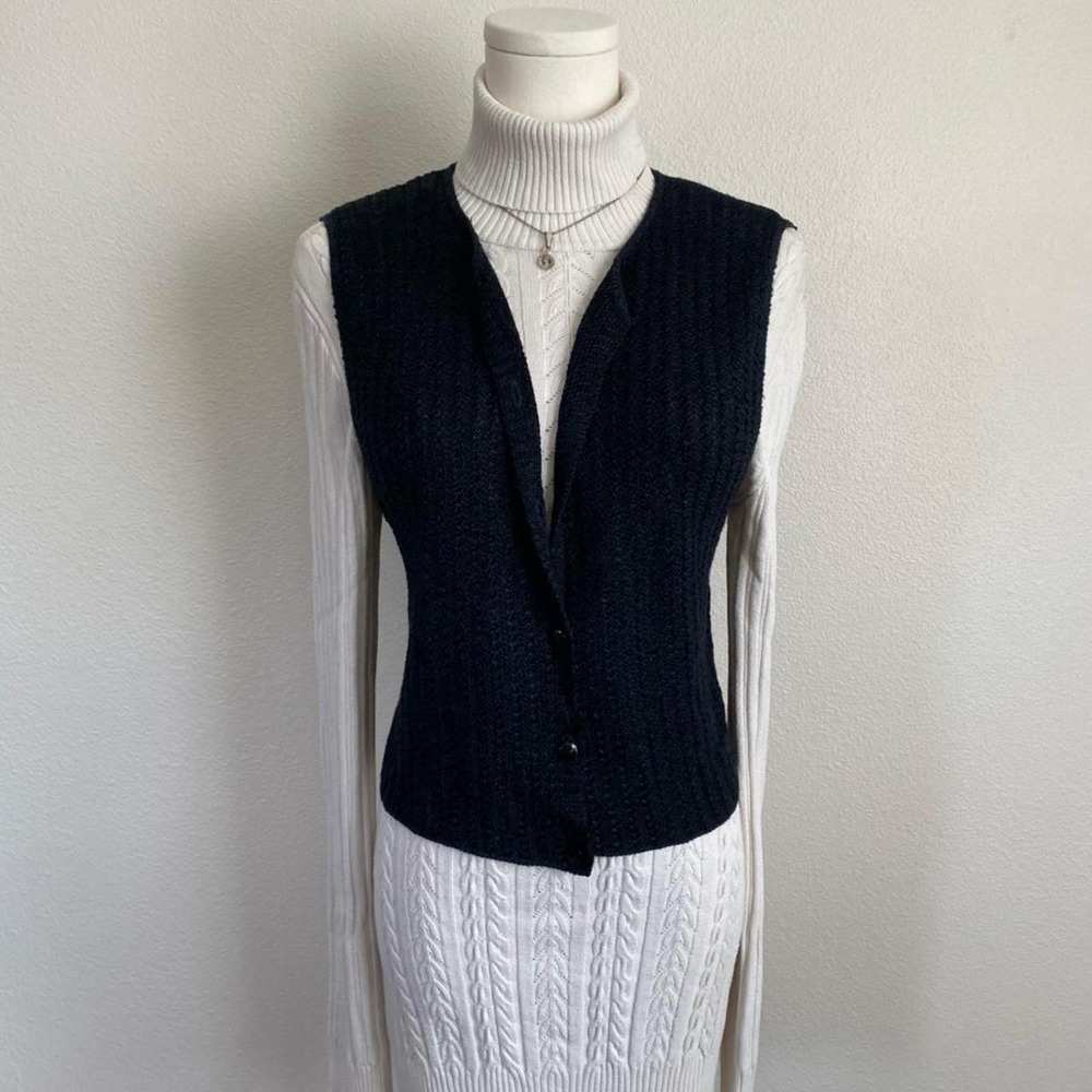 Vintage Metropolitan Black Knit Button Sweater Vest Cottage Eclectic Grandpa